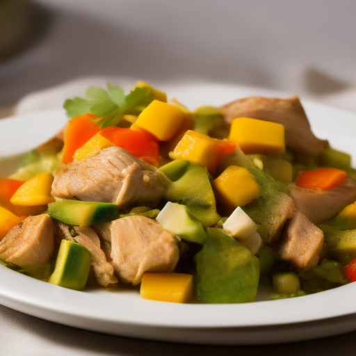 Ensalada de pollo, mango y aguacate con aderezo de lima